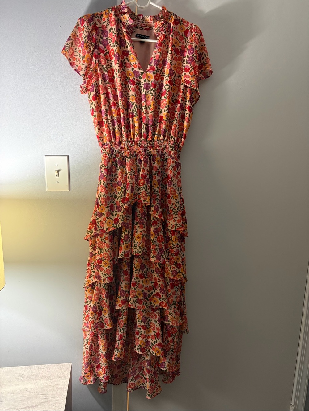 Floral Tiered Midi Dress in Orange and Pink